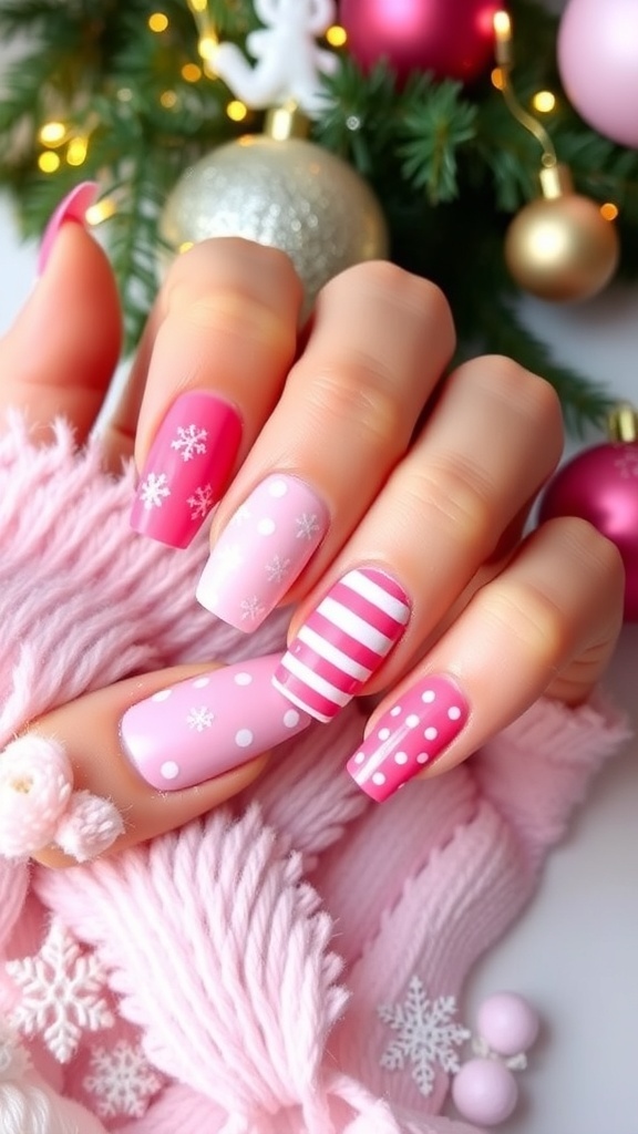 Chic pink Christmas nails with snowflakes and stripes on a festive background.